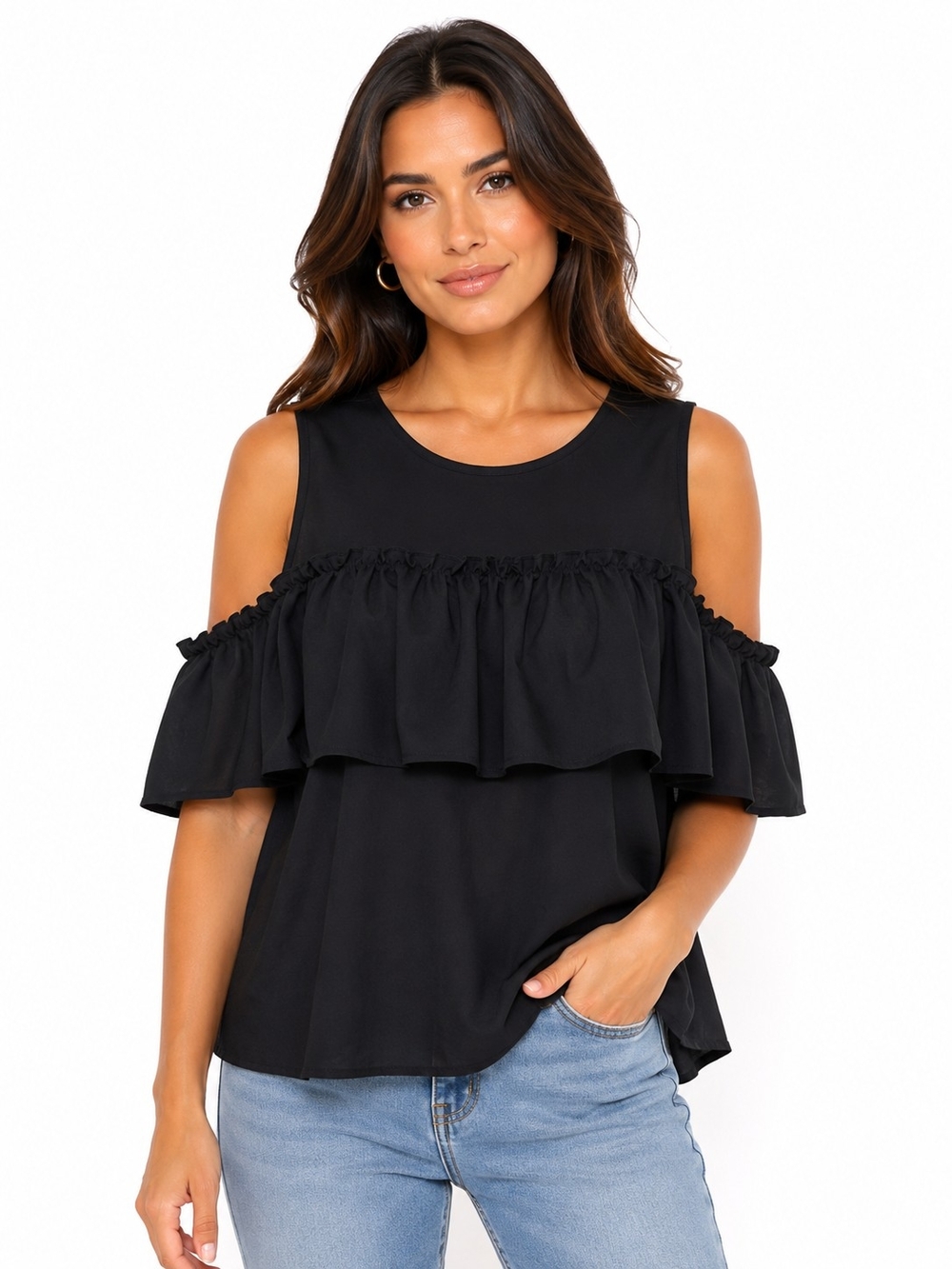 Worthington Black Cold-Shoulder Ruffle Blouse